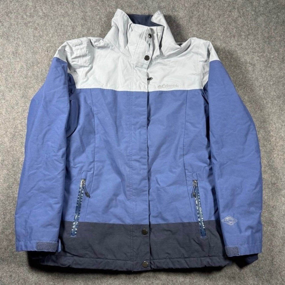 Columbia Omni-Tech Waterproof Colorblock Jacket Mens Blue Grey Hooded Rain Coat